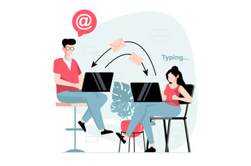 Email service concept with people scene in flat design. Man and woman are chatting online, typing new letters and using mail client on laptop. Illustration with character situation for web
