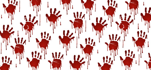 Handprint. Red, bloody hand print. Dead, blood, horror and dirty red palm for halloween party. Vector red hand day. Scary elements with stain, splatter and streams. Bleeding hand. Dead or corpse. - obrazy, fototapety, plakaty
