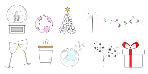 Set of Christmas Doodle, Sketch, Outline, Collection of Icons, holiday, Vector Illustration	