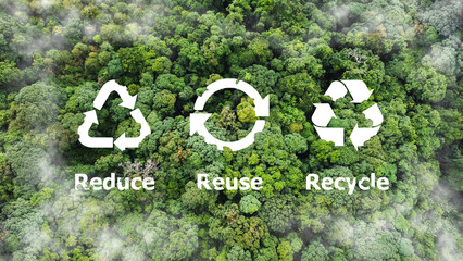 Reduce, reuse, recycle symbol in the middle of a beautiful untouched jungle. Ecological concept. An ecological metaphor for ecological waste management and a sustainable and economical lifestyle. - obrazy, fototapety, plakaty
