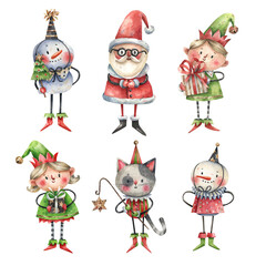Set of Christmas, New Year characters hand-drawn in watercolor in cartoon style. Santa claus, elves, snowmen and a cat with a bunny isolated on a white background.