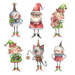 Set of Christmas, New Year characters hand-drawn in watercolor in cartoon style. Santa claus, elves, snowmen and a cat with a bunny isolated on a white background.
