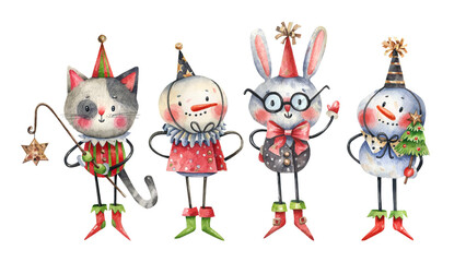 Collection of watercolor illustrations of cute cartoon characters - cat, bunny, snowmen. Christmas, New Year characters in carnival costumes.