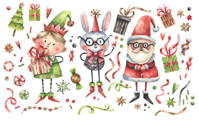 Collection of watercolor Christmas, New Year illustrations. Santa claus, bunny, elf, gift boxes, sweets, garlands in cartoon style. Hand drawn watercolor illustration.