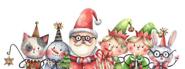 Cute, funny, Christmas characters - Santa Claus, elves, snowman, bunny and cat in cartoon style. Traditional New Year characters watercolor illustration isolated on white background.