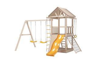3d illustration of wooden playground with swing and slide for games isolated on white background no shadow