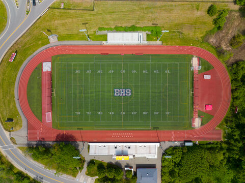 Aerial View Of Burlington High School In Residential Area Near Town Center In Summer, Burlington, Massachusetts MA, USA. 