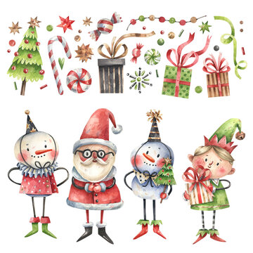 Snowmen, Santa Claus, elf and holiday elements cartoon collection. Watercolor illustrations for Christmas, New Year decor.