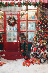 Christmas, New Year interior with red showcase, porch, fur-tree, gifts and snow