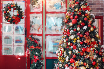 Christmas, New Year interior with red showcase, porch, fur-tree, gifts and snow