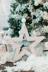 Christmas, New Year interior with white star decoration and fur-tree decoration with snow. Selective focus