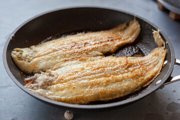 Sole fish prepared on a frying pan