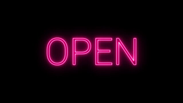 open text neon sign blinking animation, animated open text neon sign