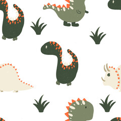 Seamless pattern Cute baby dinosaurs hand drawn