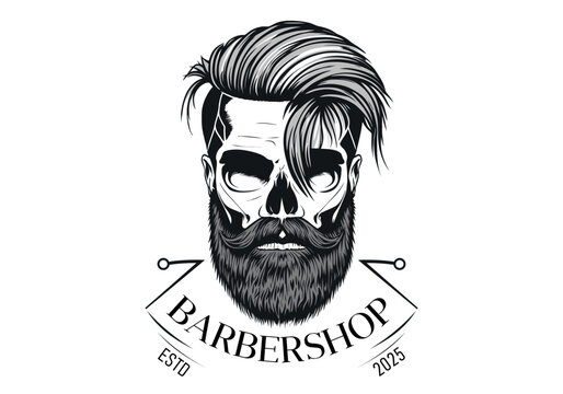 Barber Shop logo, Vintage Bearded Barber Skull With Stylish Hairstyle, Vector illustration