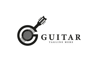 Initial Letter G Guitar Logo. Geometric Shape Guitar Symbol Combine with Letter G isolated on white background. Usable for Music, Business and Branding Logos. Flat Vector Logo Design Template Element