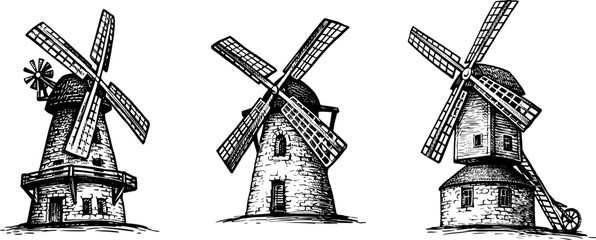 Old windmills ink sketch. - obrazy, fototapety, plakaty