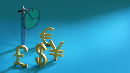 Symbols of major currencies - dollar, euro, pound sterling and yen stand around pole with street clock. 3D rendering. Place for text or logo - obrazy, fototapety, plakaty