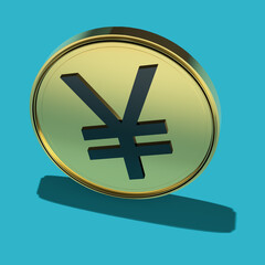 Gilded coin with yen symbol and hard shadow on a blue background - a blank for a seamless graphic pattern. 3D rendering. Finance concept. Layout