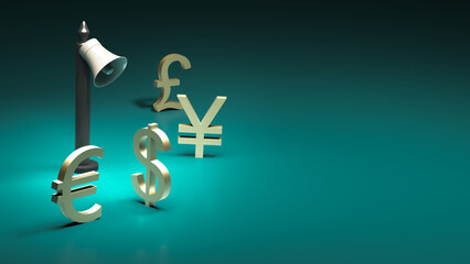 Symbols of major currencies - dollar, euro, pound sterling and yen stand around a street loudspeaker. 3D rendering. Place for text or logo - obrazy, fototapety, plakaty