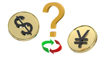 Gold-plated coins with dollar and yen symbols, a question mark and two arrows in a ring - green and red on a white background. 3D rendering. Finance concept. Isolated