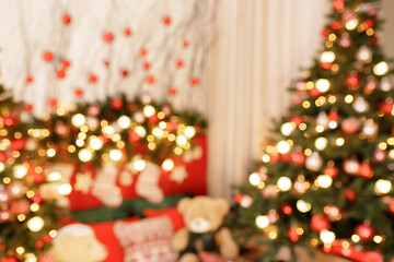 Beautiful holiday decorated room with Christmas tree and bright lights , out of focus shot for photo background. Blur christmas background