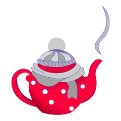 hot red teapot with white polka dots in hat and wrapped with scarf and there is steam. christmas tea party, decor.  Warming drink