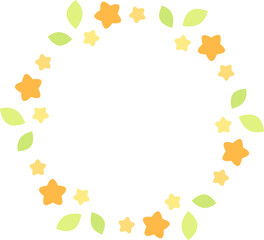円形のフレーム　葉と三つの小花　オレンジ　線なし