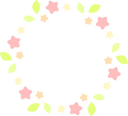 Fototapeta na wymiar 円形のフレーム　葉と三つの小花　ピンク　線なし