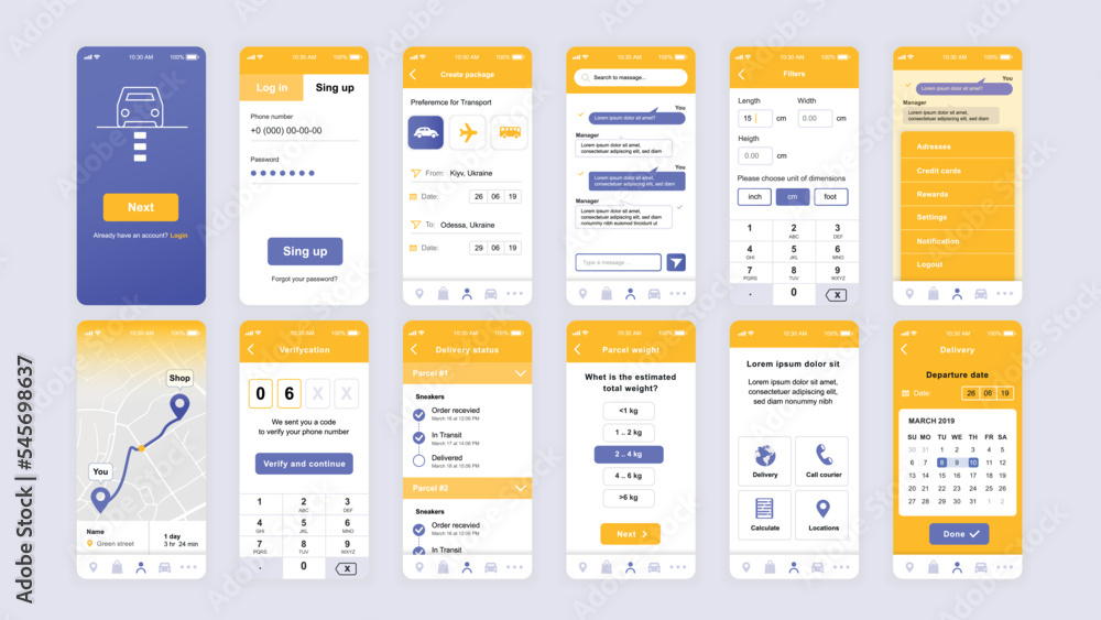Poster set of ui, ux, gui screens delivery app flat design template for mobile apps, responsive website wir