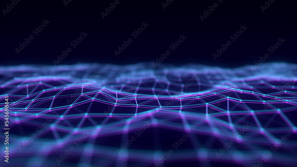 Poster Wave of particles. Technology illustration with glitch effect. Abstract background with a dynamic wave. Network connection structure. 3d rendering.