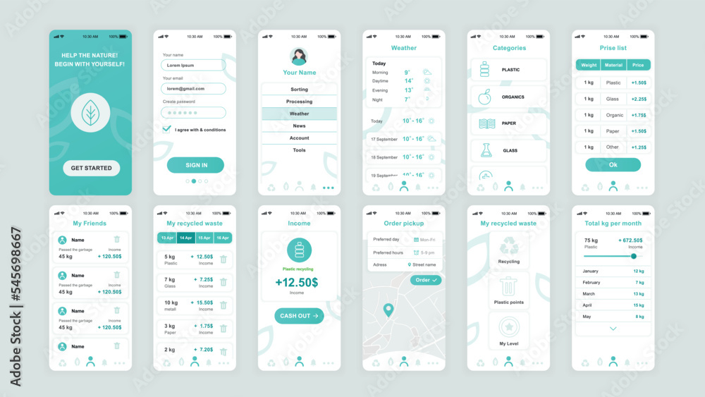 Poster set of ui, ux, gui screens ecology app flat design template for mobile apps, responsive website wire