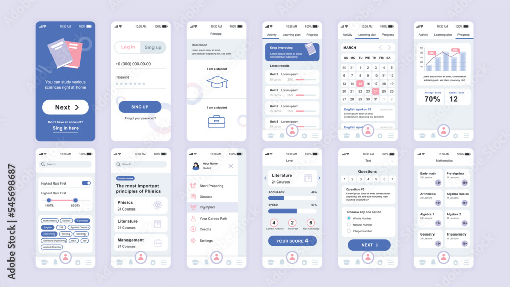 Poster set of ui, ux, gui screens education app flat design template for mobile apps, responsive website wi