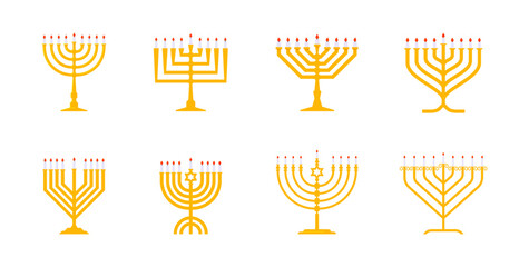 Set golden Hebrew Hanukkah menorah with nine candles vector illustration