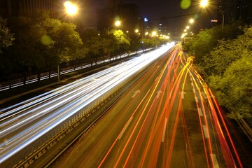 Light trails of north second ring road traffic flow in Beijing, China