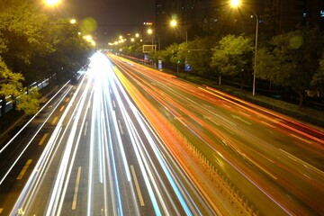 Light trails of north second ring road traffic flow in Beijing, China