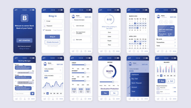 Set Of UI, UX, GUI Screens Banking App Flat Design Template For Mobile Apps, Responsive Website Wireframes. Web Design UI Kit. Banking Dashboard.