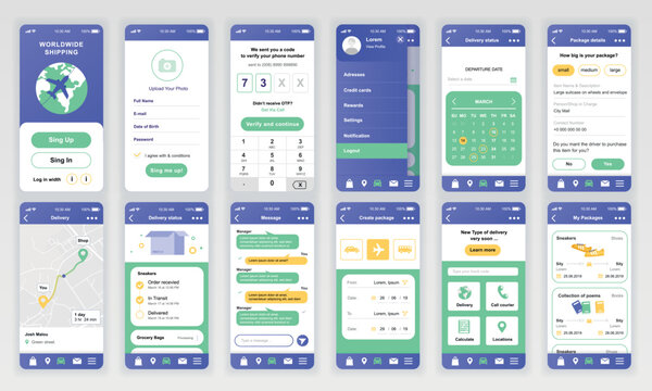 Set of UI, UX, GUI screens Delivery app flat design template for mobile apps, responsive website wireframes. Web design UI kit. Delivery Dashboard.