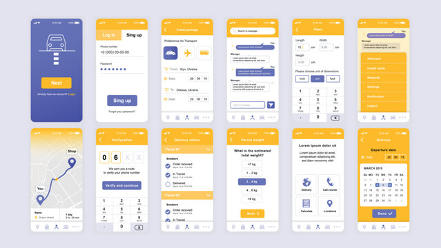 Set of UI, UX, GUI screens Delivery app flat design template for mobile apps, responsive website wireframes. Web design UI kit. Delivery Dashboard.