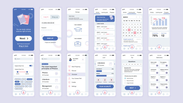 Set of UI, UX, GUI screens Education app flat design template for mobile apps, responsive website wireframes. Web design UI kit. Education Dashboard.