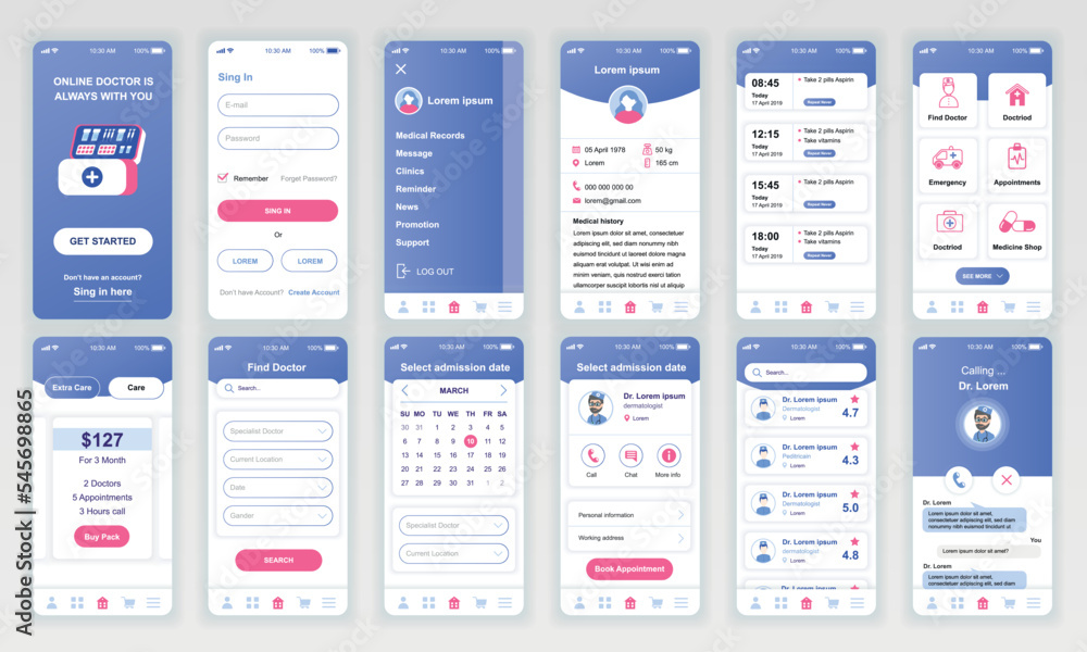 Poster set of ui, ux, gui screens medicine app flat design template for mobile apps, responsive website wir