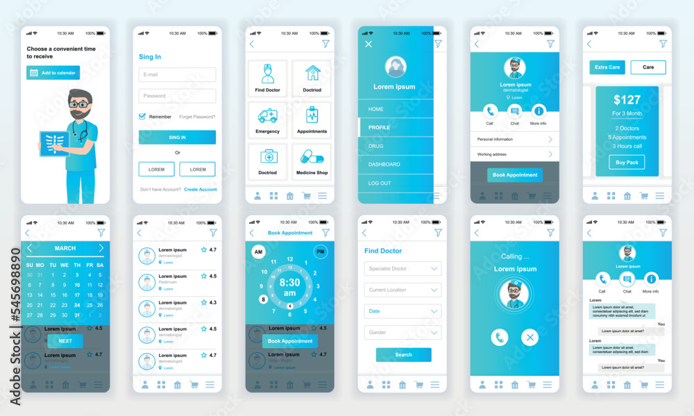Poster set of ui, ux, gui screens medicine app flat design template for mobile apps, responsive website wir