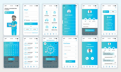 Set of UI, UX, GUI screens Medicine app flat design template for mobile apps, responsive website wireframes. Web design UI kit. Medicine Dashboard. - obrazy, fototapety, plakaty