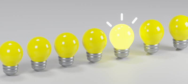 Light bulbs in a row with one being on,.Leading the pack, ingenuity,taking the initiative,standing out from the crowd concept. 3d rendering.