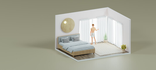 Isometric realistically man in bedroom open inside interior architecture, 3d rendering.