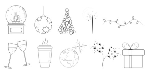 Set of Christmas Doodle, Sketch, Outline, Collection of Icons, holiday, Vector Illustration 