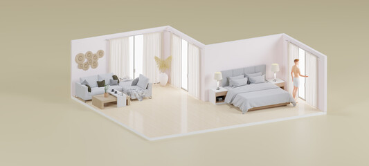 Isometric realistically man in bedroom and Living room open inside interior architecture, 3d rendering.