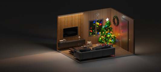Isometric room merry christmas themes event with house decoration. 3d rendering.