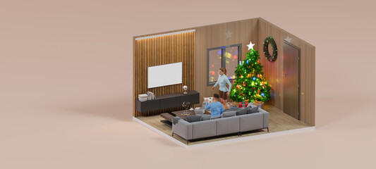 Isometric room merry christmas themes event with couple in house decoration. 3d rendering.