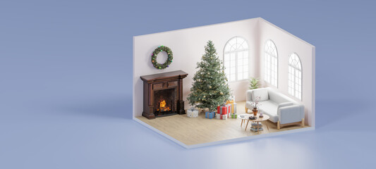 Isometric room merry christmas themes event with house decoration. 3d rendering.